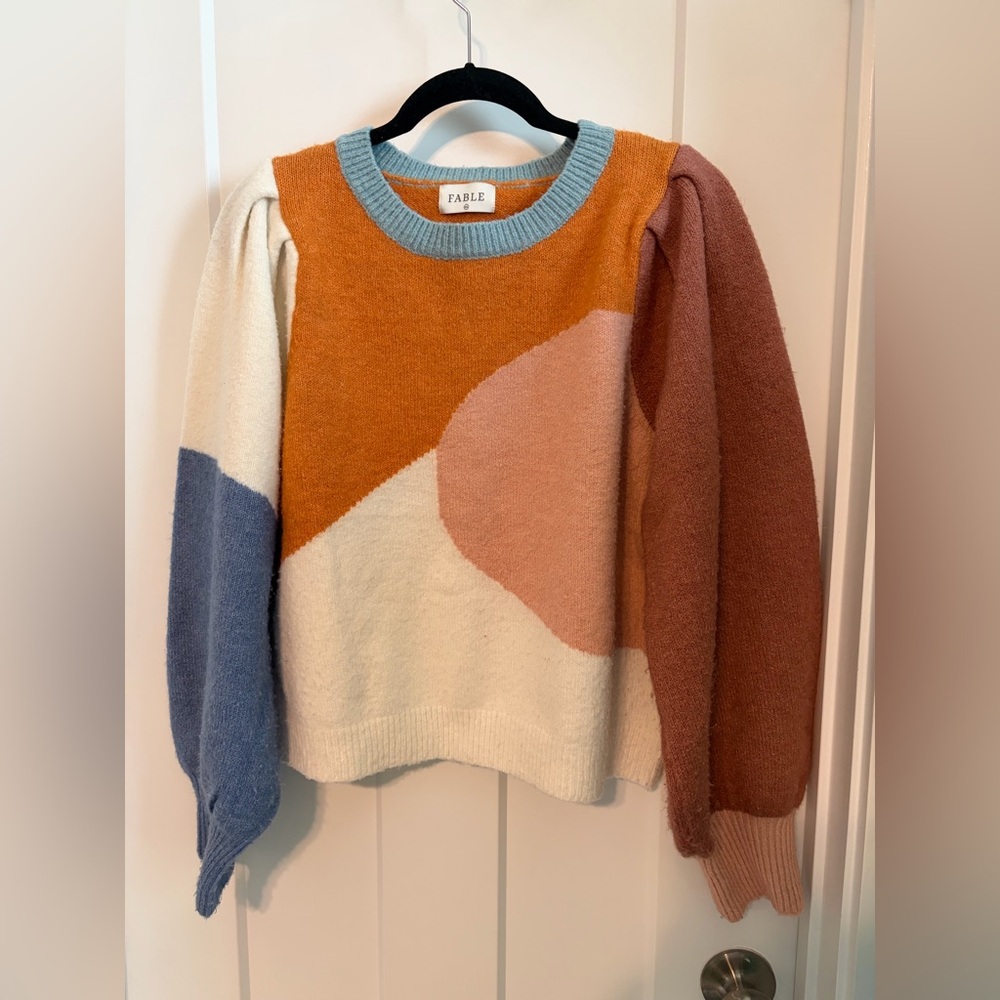 Fable Colorblock Puff Sleeve Crewneck Sweater - Rust, Blush, Cream, Blue
